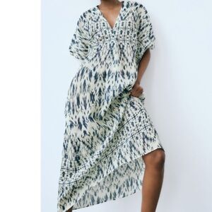 Zara Ramie tunic Caftan in blue white in size xs